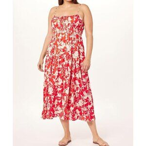 The Drop Tavia Tie-Front Tiered Maxi Dress - Tomato Red Foliage - NWT